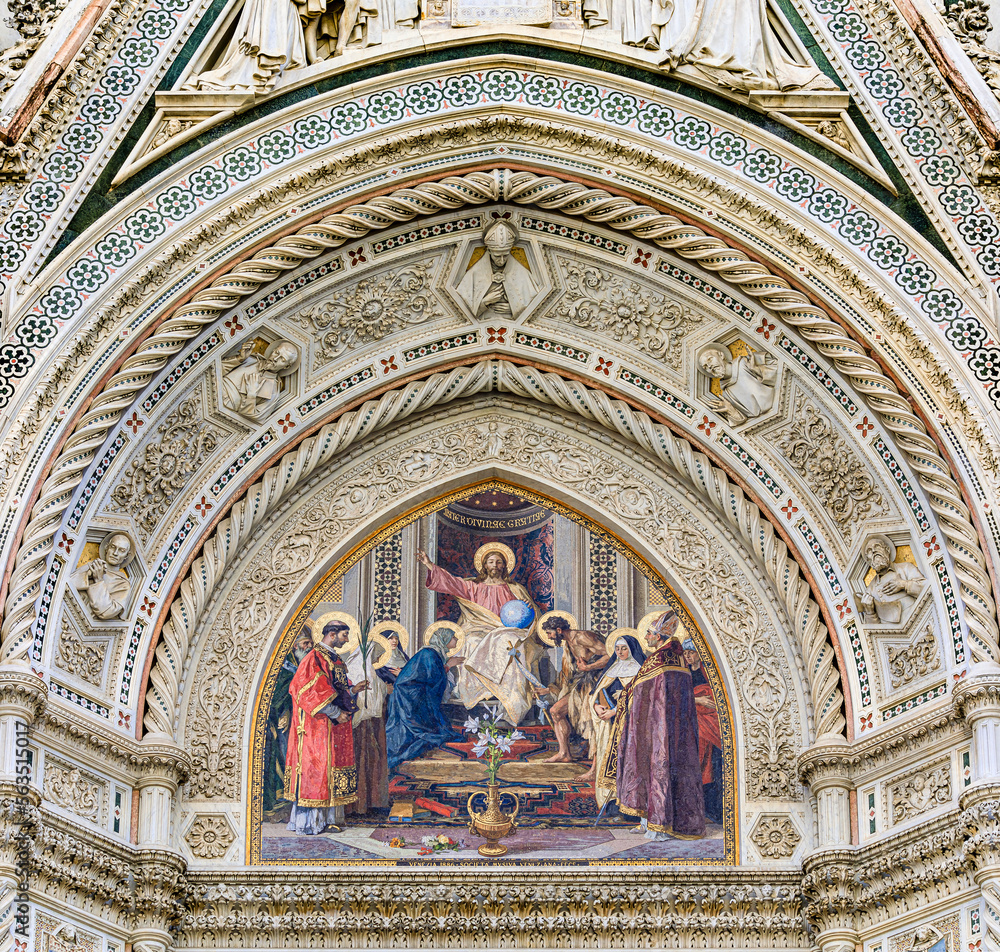 Central tympanum mosaic of Jesus Christ at the Duomo Cathedral in Florence Italy