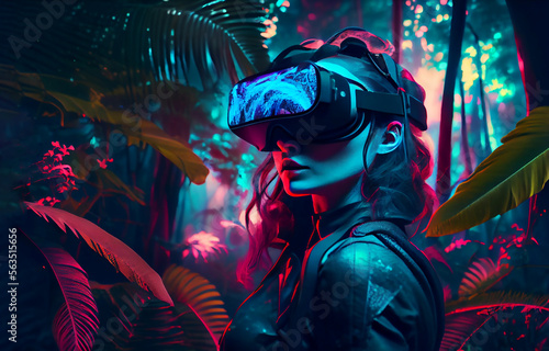 Woman wearing VR headset outside in the neon tropical forest. Generative AI. photo