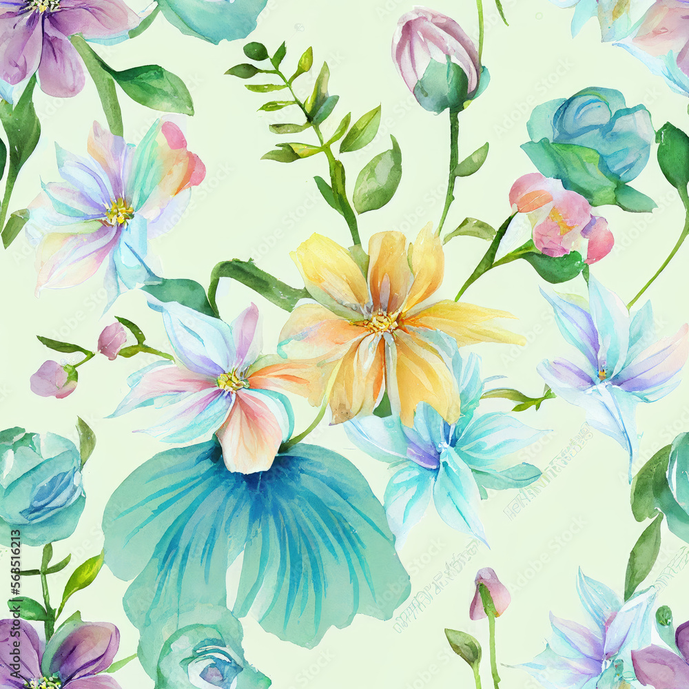 Seamless pattern of flowers and leaves in a pastel shade Seamless pattern of flowers and leaves in a pastel shade