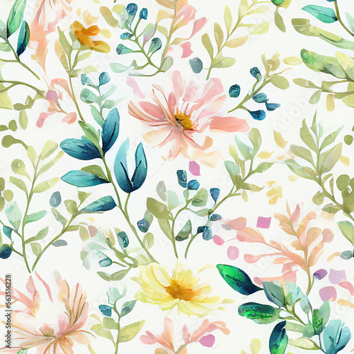 Seamless pattern of flowers and leaves in a pastel shade