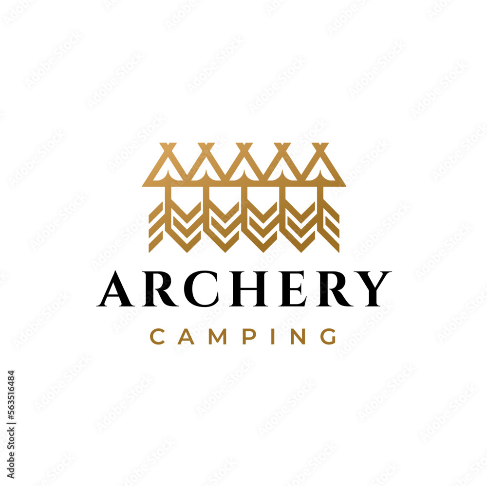 Five Arrow with Camp Tent Logo Symbol. Camp Scout Archery Identity Design Template Five Arrow with Camp Tent Logo Symbol. Camp Scout Archery Identity Design Template