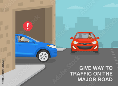 Safe car driving tips and traffic regulation rules. Give way to traffic on the major road. Reckless driver going through the building arch and about to hit another vehicle. Flat vector illustration.