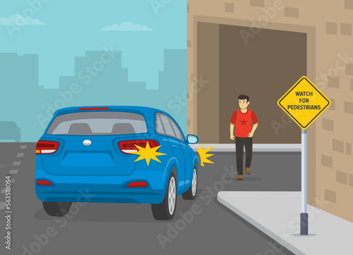 Suv is turning right into the tunnel. Turning traffic must yield to pedestrians. Young male character crossing the street. 