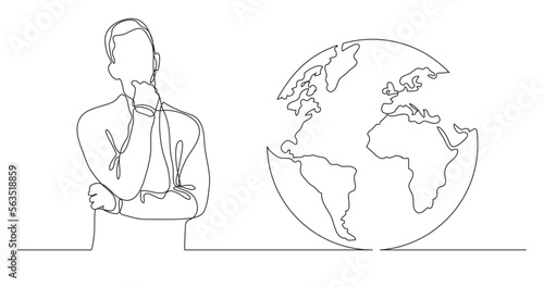 continuous line drawing vector illustration with FULLY EDITABLE STROKE of man thinking about global issues