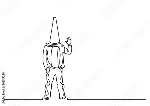 continuous line drawing vector illustration with FULLY EDITABLE STROKE of man with cone on his head