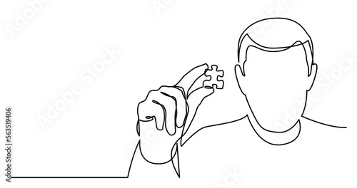 continuous line drawing vector illustration with FULLY EDITABLE STROKE of of man showing missed puzzle piece