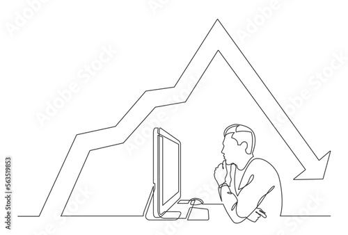 continuous line drawing vector illustration with FULLY EDITABLE STROKE of office worker concentrated behind computer analyzing declining chart