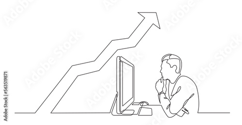 continuous line drawing vector illustration with FULLY EDITABLE STROKE of office worker concentrated behind computer analyzing rising chart