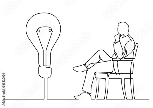 continuous line drawing vector illustration with FULLY EDITABLE STROKE of sitting thinking about idea