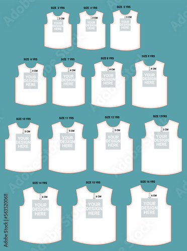 Apparel sewing pattern with chest print design position measurement details vector illustration front views.