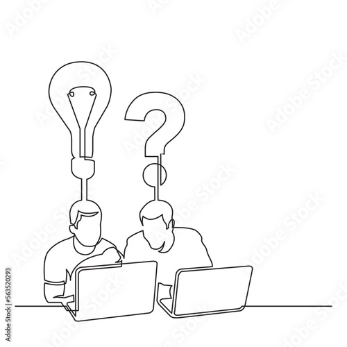continuous line drawing vector illustration with FULLY EDITABLE STROKE of two men sitting with laptop computers with idea question
