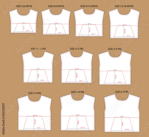 Apparel sewing pattern with cut and sew measurement details vector illustration front views.