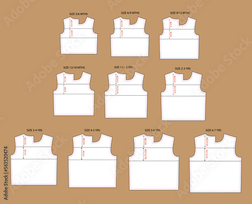 Apparel sewing pattern with cut and sew measurement details vector illustration front views.