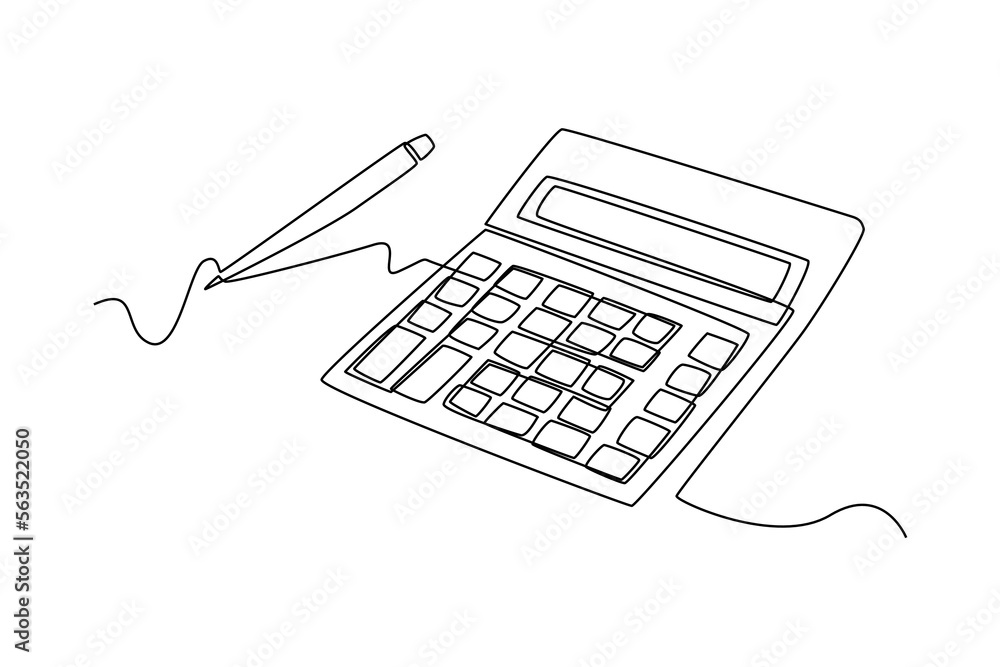Continuous one line drawing calculator with pen. Budget planning concept. Single line draw design vector graphic illustration. - obrazy, fototapety, plakaty 