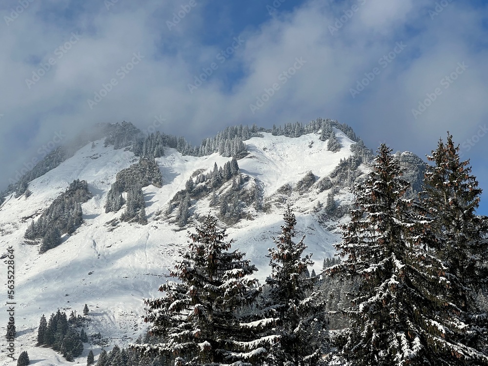 Snow-capped alpine peak Raaberg (1723 m), easternmost summit of the Mattstock massiv and above the Lake Walen or Lake Walenstadt (Walensee), Amden - Canton of St. Gallen, Switzerland / Schweiz