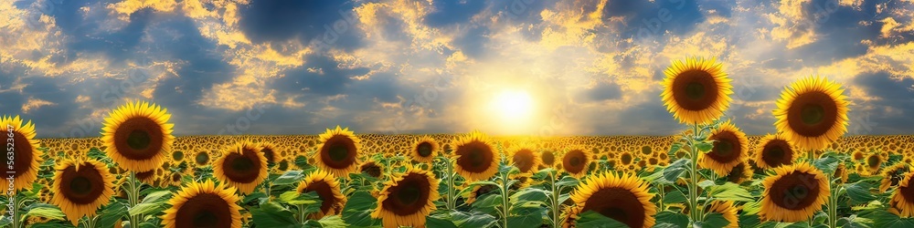 Sunflower field on a bright sunny afternoon. Extra wide landscape photo with flowers and skyline. Generative AI