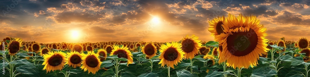 Sunflower field on a bright sunny afternoon. Extra wide landscape photo with flowers and skyline. Generative AI