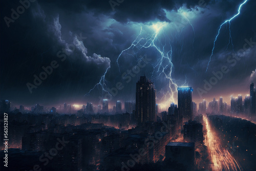 Storm  lightning over the city at night Thunderstorm light the dark cloudy sky  AI generative