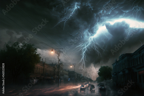 Storm, lightning over the city at night Thunderstorm light the dark cloudy sky, AI generative