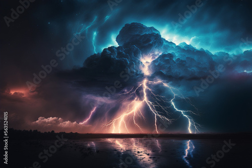Storm over the lake. Lightning over the water at night Thunderstorm light the dark cloudy sky, AI generative 