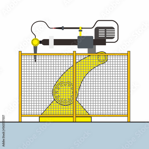 Robot machine for welding with safeguard or fence for safety in the factory or manufacturing illustration.