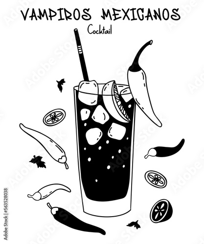 Mexican cocktail Vampiro. Glass of alcoholic Latin American drink with cocktail tube, ice cubes, lime pieces and chili peppers. Vector illustration. Isolated hand drawn in doodle style for design.