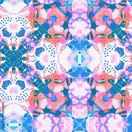 Fototapeta Naklejka Na Ścianę i Meble -  Washed Red Blue blur white vibrant watercolor batik azulejos tile background. Seamless coastal linen effect geometric mosaic effect. Boho Patchwork nautical masculine all over summer fashion repeat.