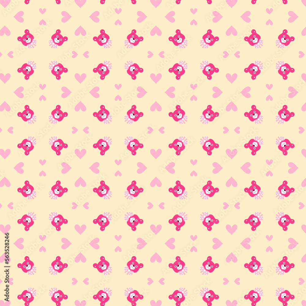 Cute red teddy bear toy face seamless pattern for baby clothes in light pink yellow cream colors Cute red teddy bear toy face seamless pattern for baby clothes in light pink yellow cream colors