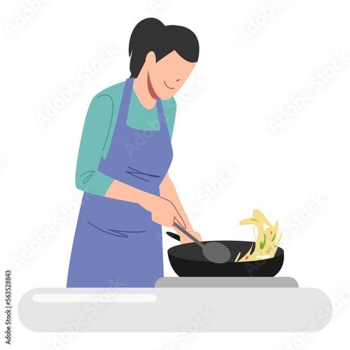 woman cooking in the kitchen. women wear aprons. mother cooks in the pan. hobby, food, breakfast, dinner concept. vector illustration in flat style.