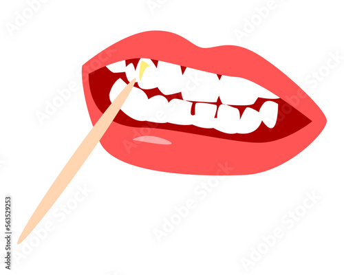 teeth, lips and toothpicks. Food marks stick to the tooth surface. dental concept, treatment. vector illustration.