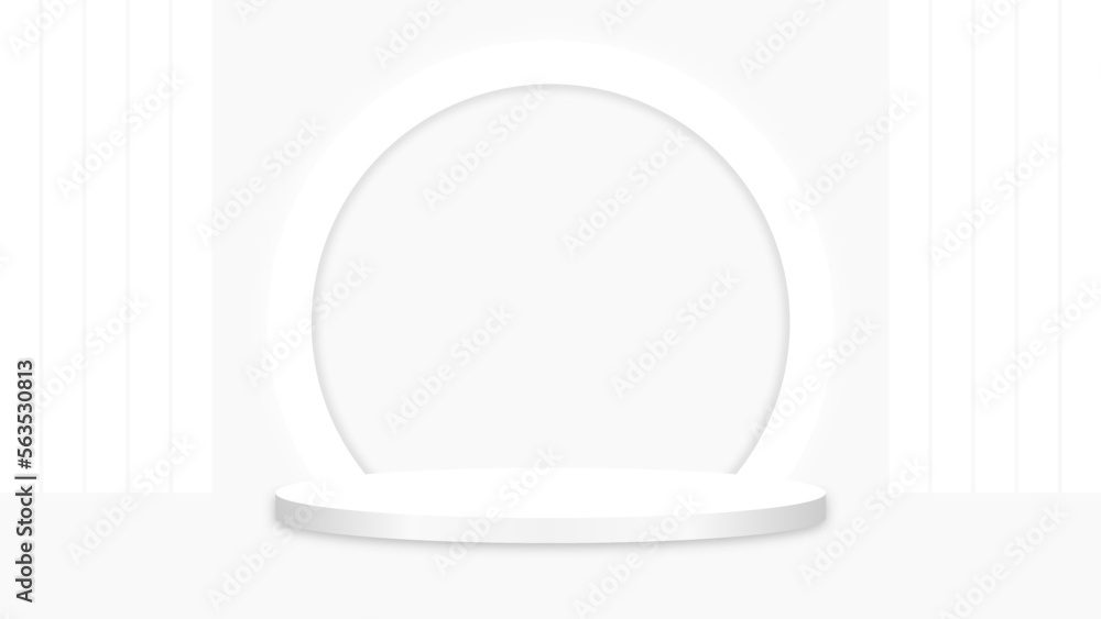 White gray 3D room with realistic cylinder pedestal podium. Minimal scene for product display presentation. Stage for showcase. Vector geometric design platform.
