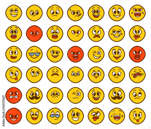 Set of emoticons showing different emotions in cartoon style isolated on white background. Funny faces clip art.