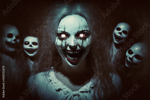 Possessed woman carrying all evil surrounded by evil spirits and demonic ghosts with you to death with a smile that gives you the shivers Generative AI