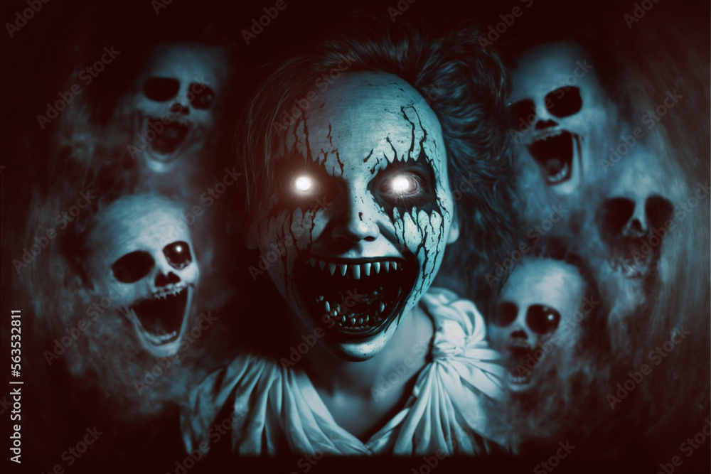 custom made wallpaper toronto digitalPossessed woman carrying all evil surrounded by evil spirits and demonic ghosts with you to death with a smile that gives you the shivers Generative AI