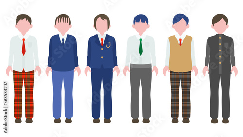 色々な制服（ズボン）の男子中学生や男子高校生。フラットなベクターイラストセット。