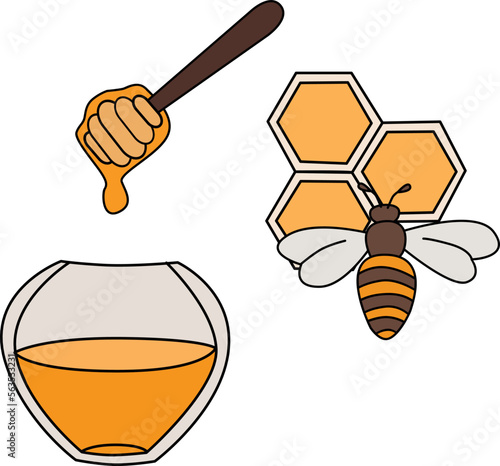 The bee is on the hive and there is honey in the jar.
