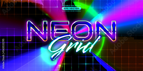 Neon grid editable text style effect in retro look design with experimental background ideal for poster, flyer, logo, social media post and banner template promotion