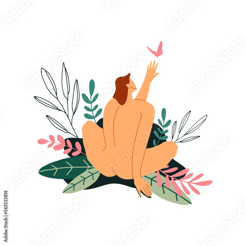 young nude woman with butterfly, naked girl resting, calm natural illustration