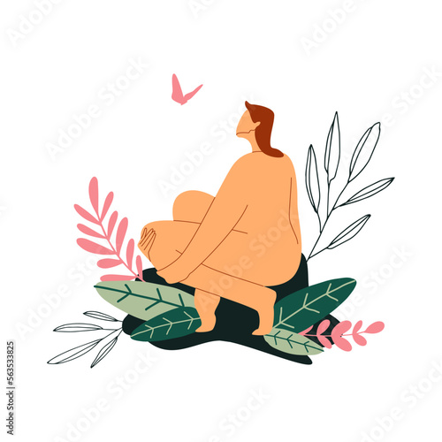 young nude woman with butterfly, naked girl resting, calm natural illustration