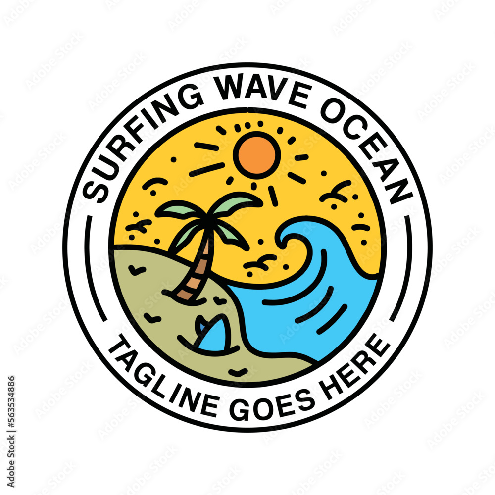 Surfing Wave Ocean Beach Logo Design Emblem Vector illustration badge symbol icon