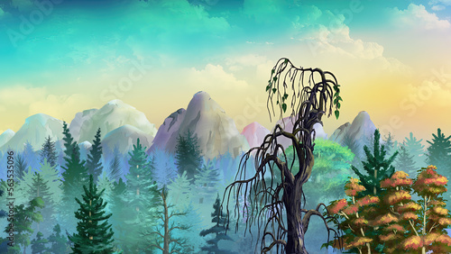 Treetop on the background of mountain peaks