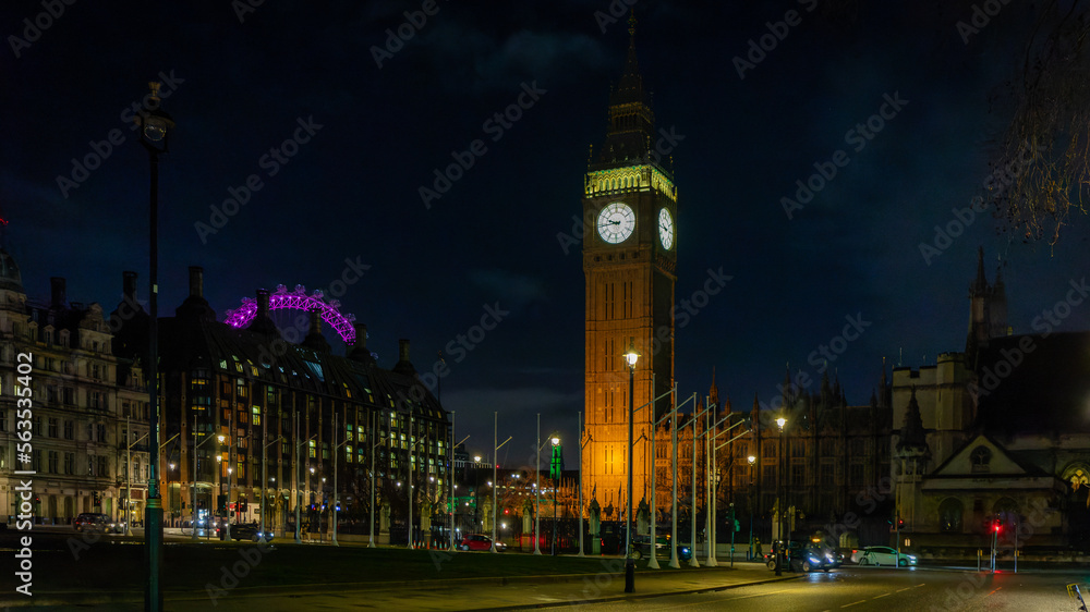 Elisabeth Tower at night in Westminster, London, UK on January 2023