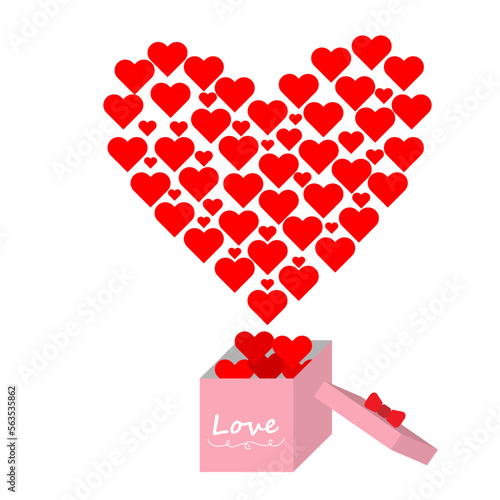 open gift box with a lot of hearts in a heart shape with love text. 