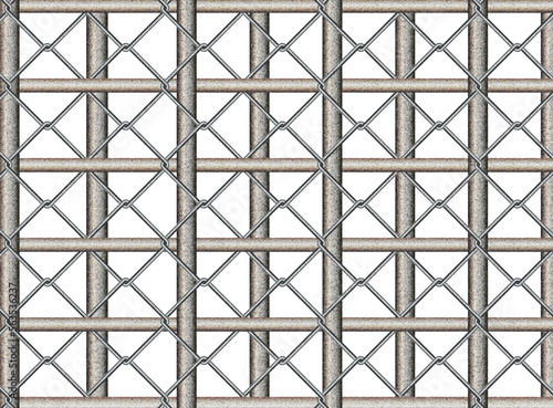 Isolated rust metal cage.Old metallic fence bars