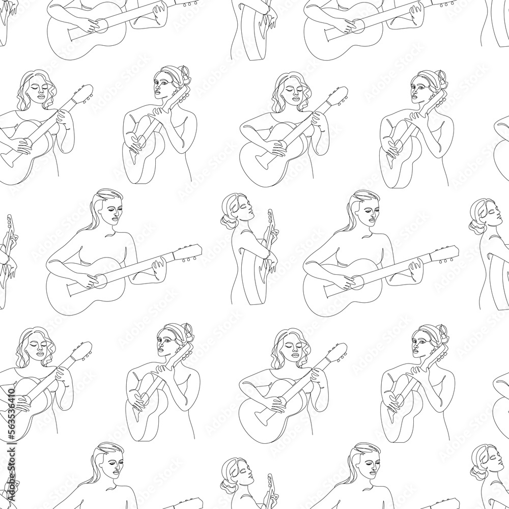 Silhouette of a beautiful woman playing the guitar in continuous modern single line style. Guitarist. Decor sketches, posters, stickers, logo. Set of vector illustrations, seamless pattern. Silhouette of a beautiful woman playing the guitar in continuous modern single line style. Guitarist. Decor sketches, posters, stickers, logo. Set of vector illustrations, seamless pattern.