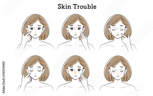 お肌のトラブルのイラストセット（ボブカット/セミロングの女性）