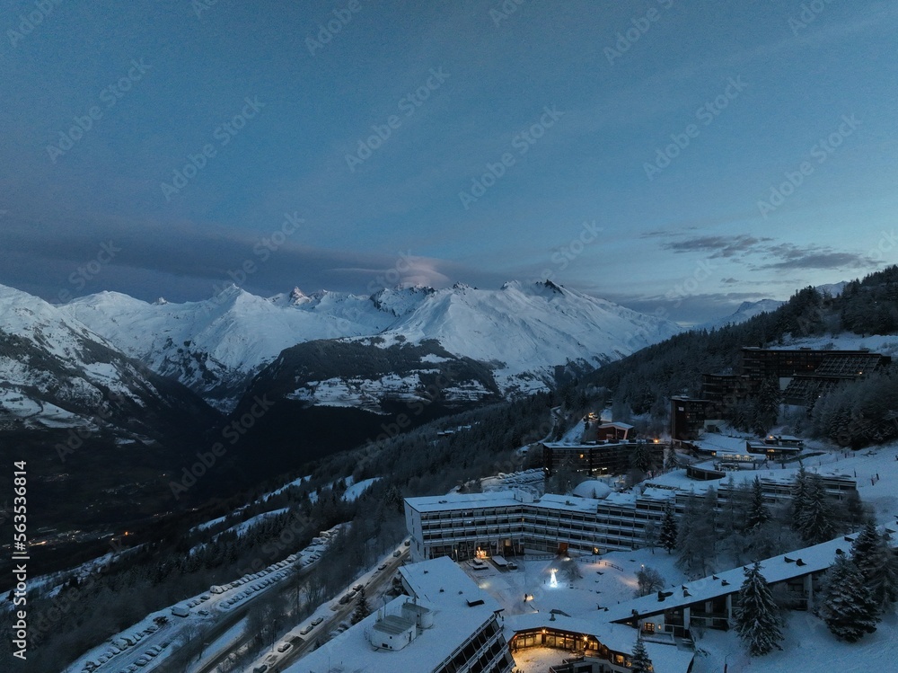 Alps Cold Mountain Snow Tourism Sport Eco Travel Mountains Landscape Drone Aerial Flight Over French Alps Mountain Range Early Morning Inspiring Nature 4k hyper lapse. 