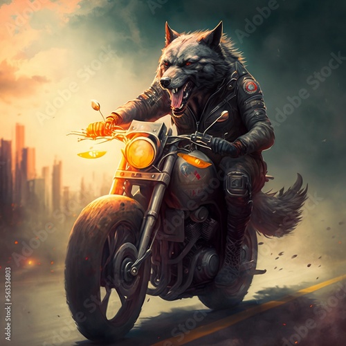 Lone wolf riding an old motorcycle riding on the road with generative AI