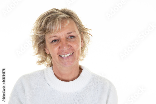 beautiful middle aged portrait sixty year old blonde mature woman warm wool sweater on white background