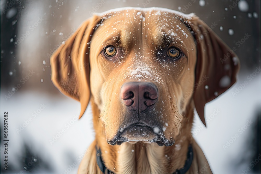 Dog portrait outside in the snow (ai generated)